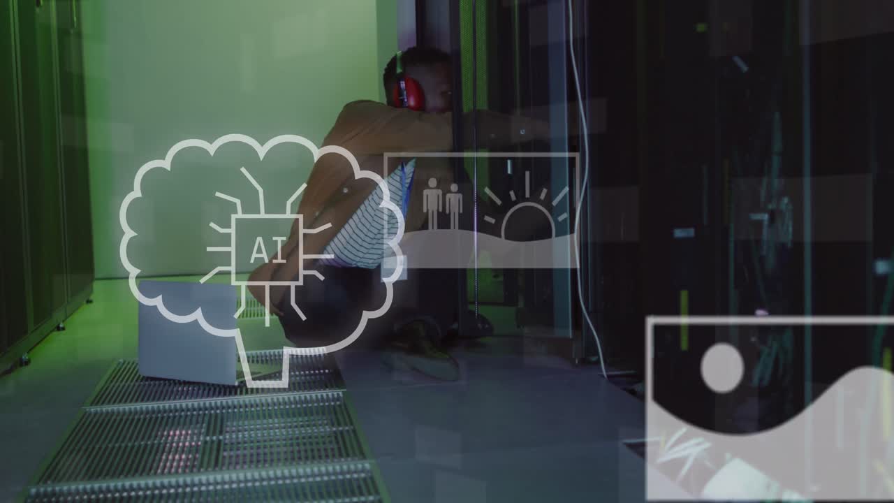 animación de texto, iconos y ingeniero informático y servidores informáticos afroamericanos