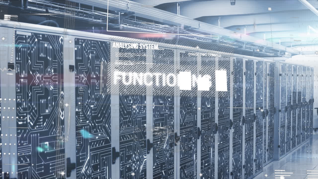Animation of interface with data processing and microprocessor connections over computer server room