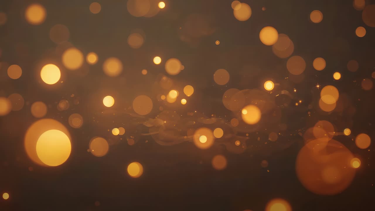 Starting with discs, golden bokeh orbs pulsing and drifting in studio, ribbons making bright specks