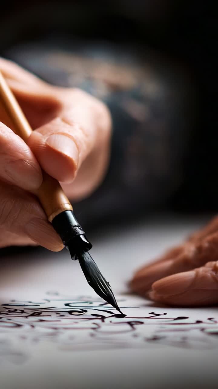 Captivating Close-Up of a Hand Holding a Pen While Creating Intricate Ink Designs on Paper, Showcasing the Artistry of Calligraphy in Action