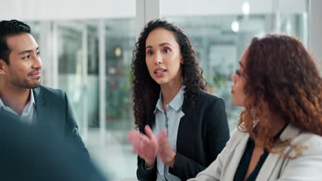 Business,-woman-and-speaking-to-team-in-office