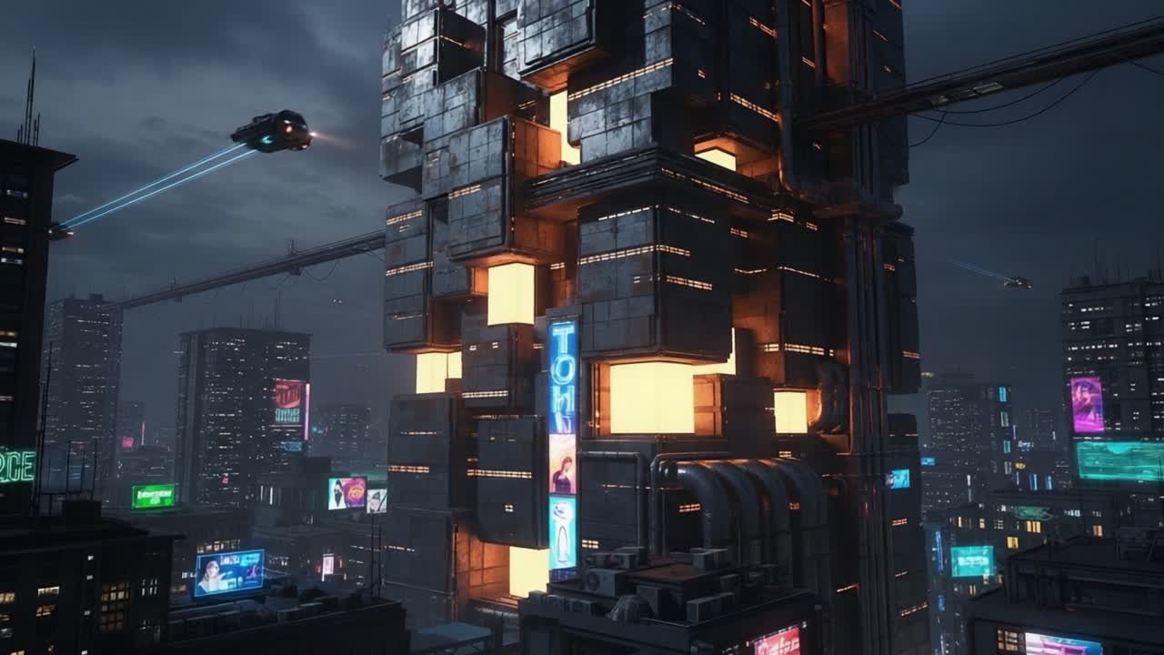 Futuristic urban landscape showcasing a towering structure with illuminated signage and aerial vehicles navigating the city skyline at night, exemplifying advanced architecture and technology