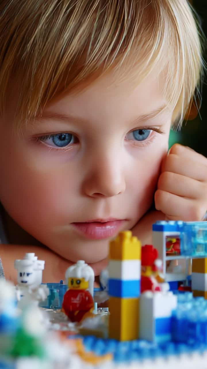 A Young Child Deeply Engaged in Creative Play with Colorful Building Blocks, Expertly Constructing a Unique Design, Showcasing Imagination and Focus in a Joyful Exploration of Their World