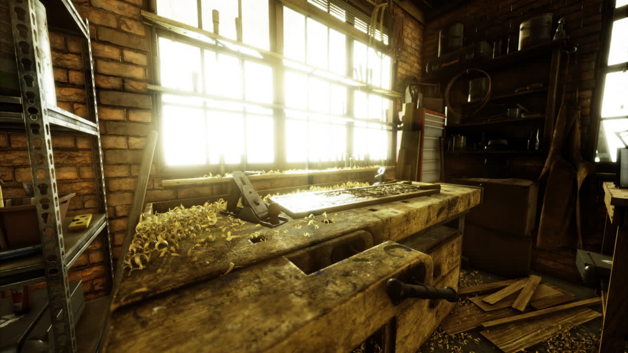Workshop filled with sunlight and wood shavings at golden hour