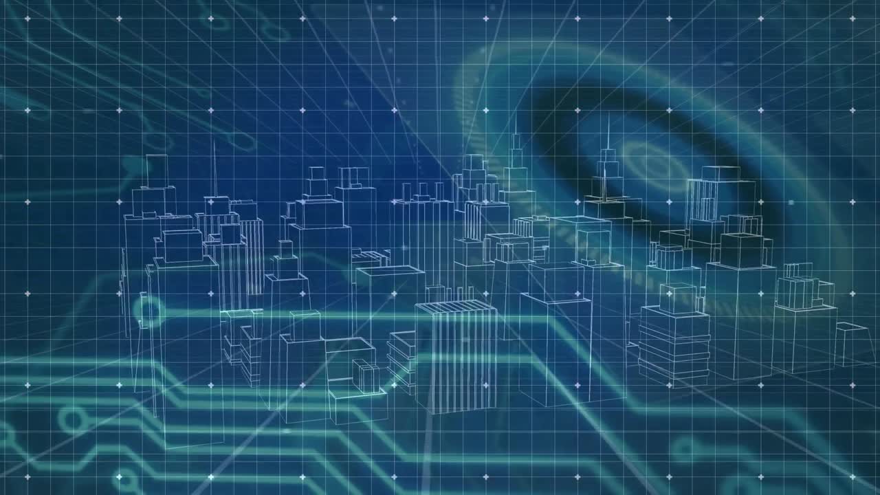 검은색 배경에 데이터 처리 및 디지털 도시와 연결 네트워크의 애니메이션