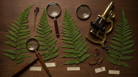 a meticulous study of ferns: an observation frame featuring magnifying tools and a microscope to explore the intricacies of nature's greenery
