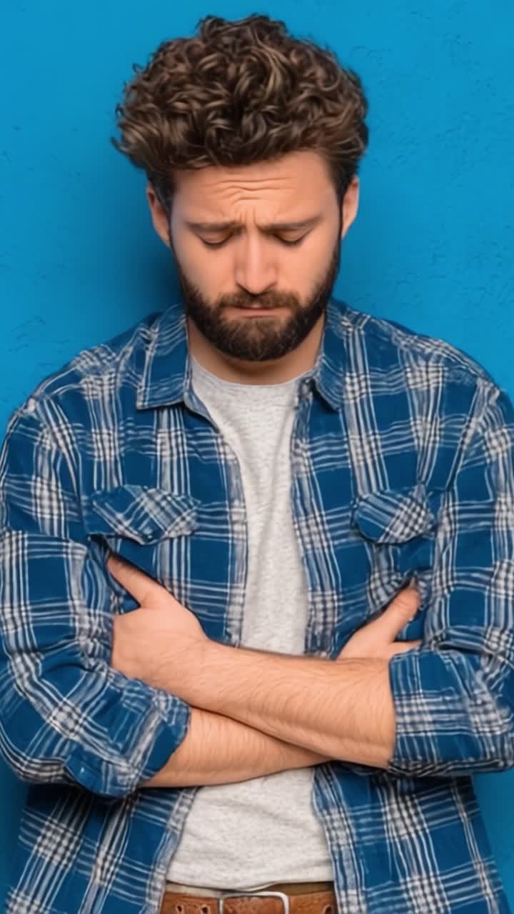 Un joven con cabello rizado y barba muestra una expresión pensativa sobre un fondo azul intenso en dos fotogramas secuenciales, capturando un momento de reflexión.