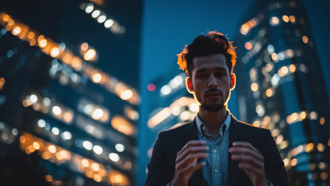 A Journey from Despair to Resolve: A Man's Transformation Under City Lights Captured in Two Frames Highlighting Emotional Turmoil and Determination