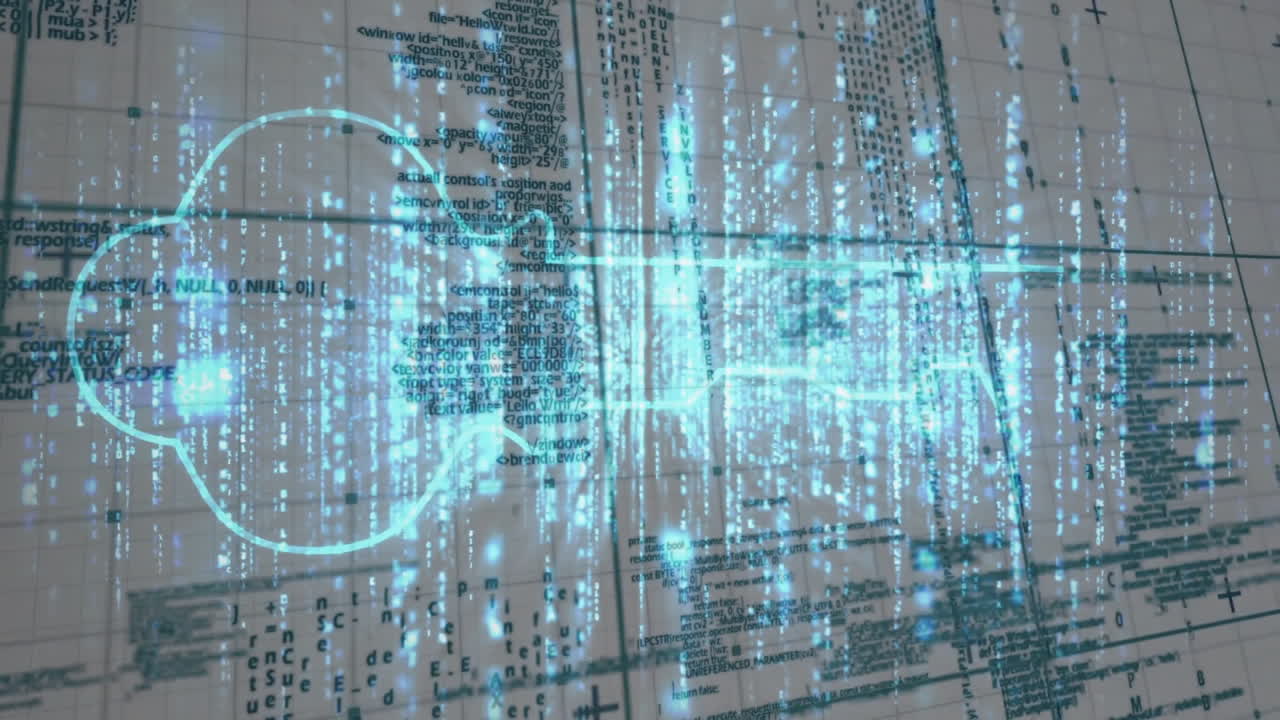 Cyan-blue holographic overlay streaming across data grid, showing glowing streams and looping shape