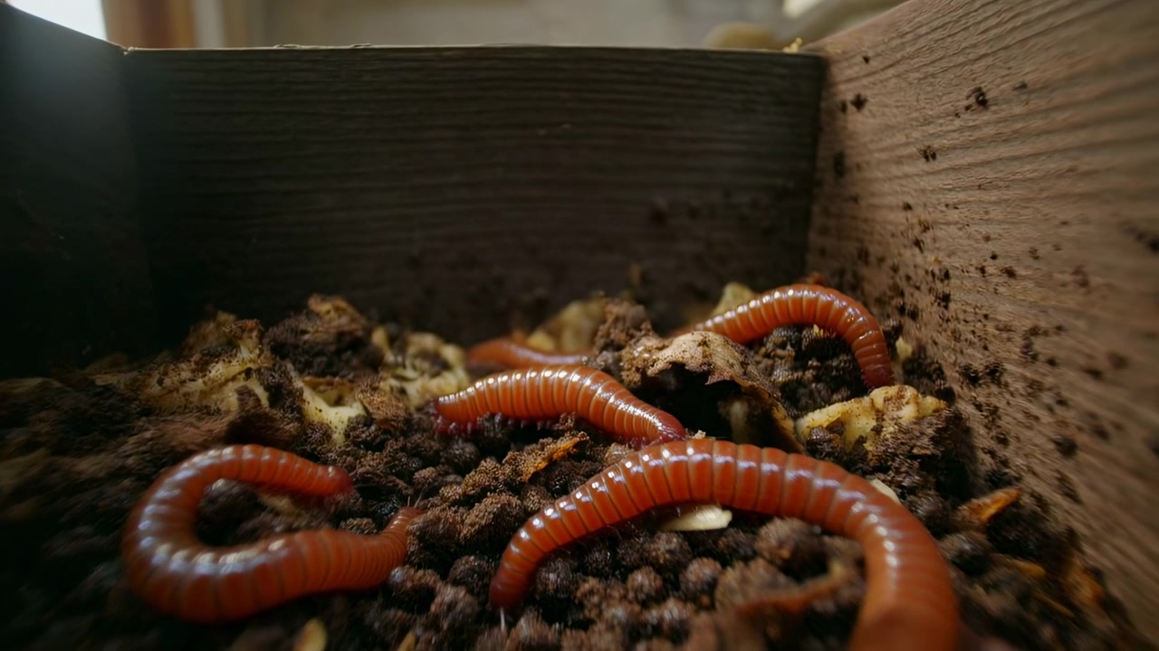 Orange earthworms move through damp compost and soil inside a rustic wooden container, shown in a close low-angle view with shallow depth of field and warm