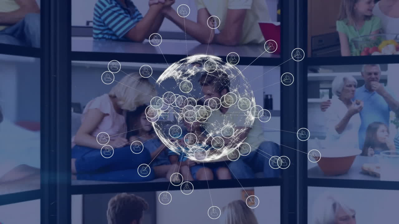 animación de conexiones de red global sobre personas diversas que usan tecnología en el hogar