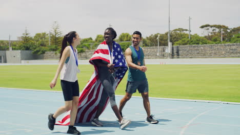 team of patriotic olympic athletes celebrating