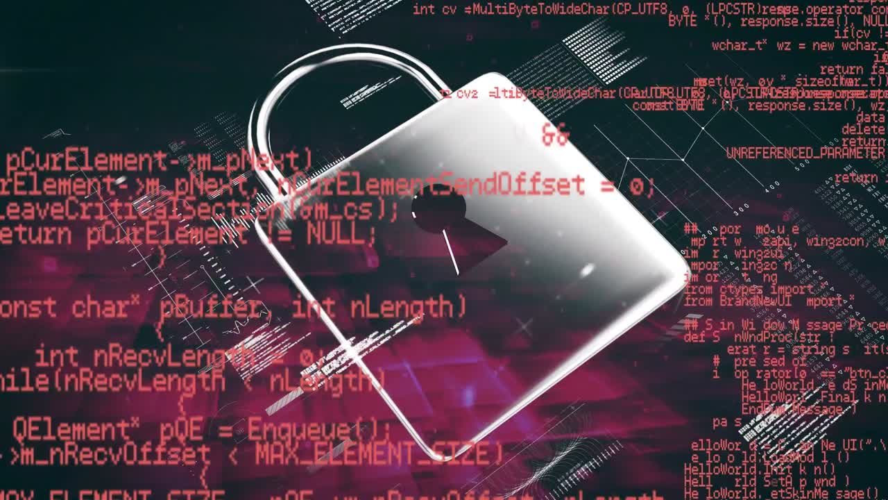 animación digital del procesamiento de datos sobre el icono del candado de seguridad contra un fondo rosa