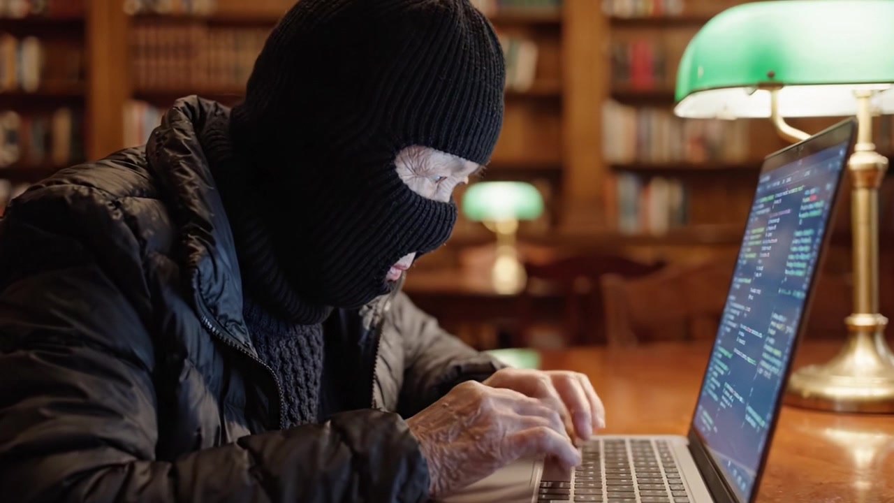 En mystisk skikkelse i et bibliotek driver med mistenkelig aktivitet på en bærbar datamaskin, skjult av en svart skimaske, noe som fremhever temaer som intriger og cybersikkerhet i et akademisk miljø