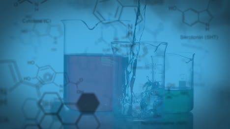 animación de las estructuras moleculares sobre los frascos llenos y el producto químico que cae en el frasco de laboratorio
