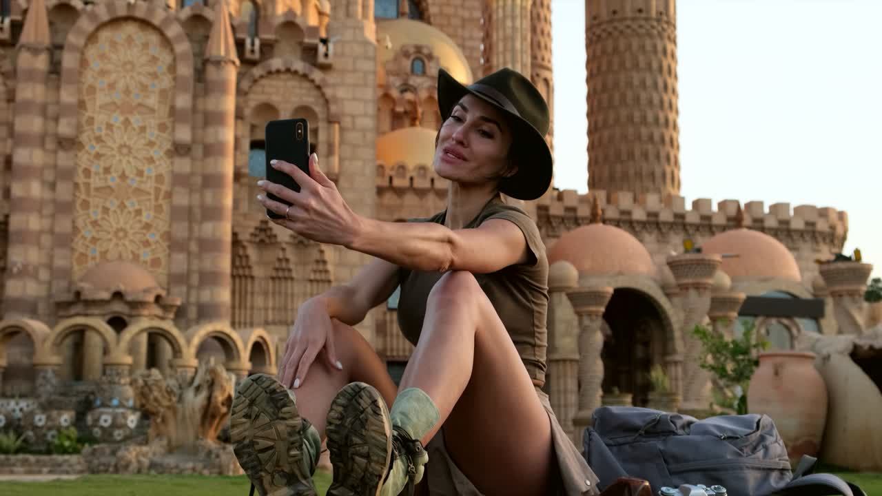 hermosa chica en estilo vaquero se sienta en la hierba, con el teléfono. mezquita