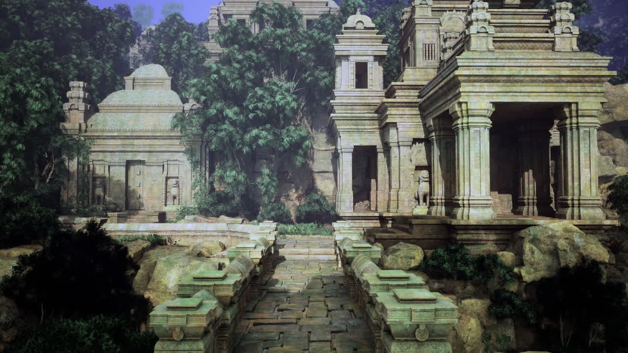 Ancient temple ruins surrounded by lush greenery in a serene landscape