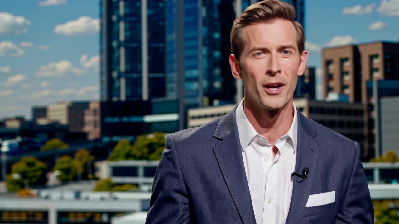A professional video with a medium close-up angle, featuring a man in a suit speaking, set
