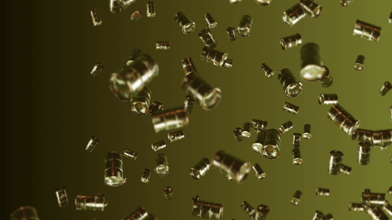 volando muchos tambores de combustible viejos en fondo marrón. industria química, barriles de metal. animación 3d del tanque de petróleo girando. animación de bucle.