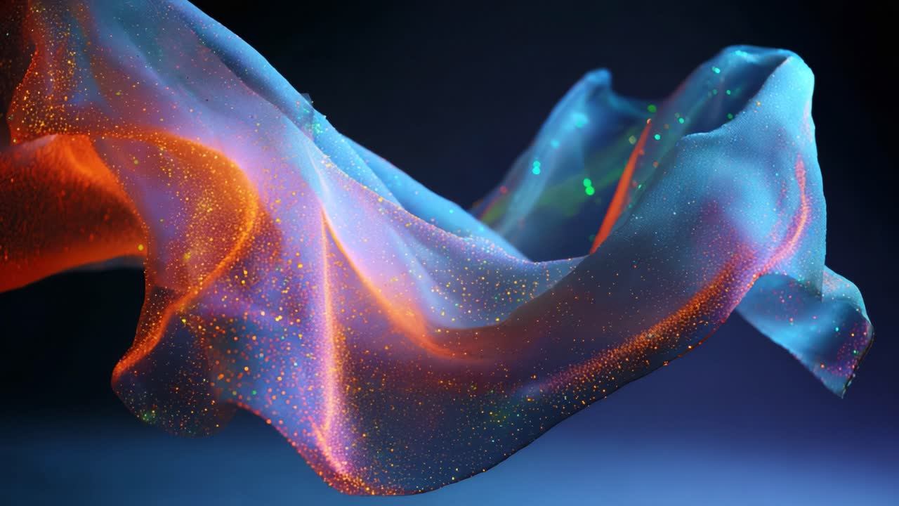 A Captivating Display of Colorful Fabric Flowing Gracefully Against a Dark Background, Emitting Twinkling Sparks and Illuminated Waves of Light that Create a Stunning Visual Experience