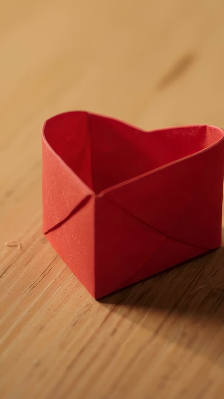 Video verticale: Spostamento della camera verso il basso a destra, mostrando un cuore origami rosso per una visione ravvicinata su un tavolo di legno