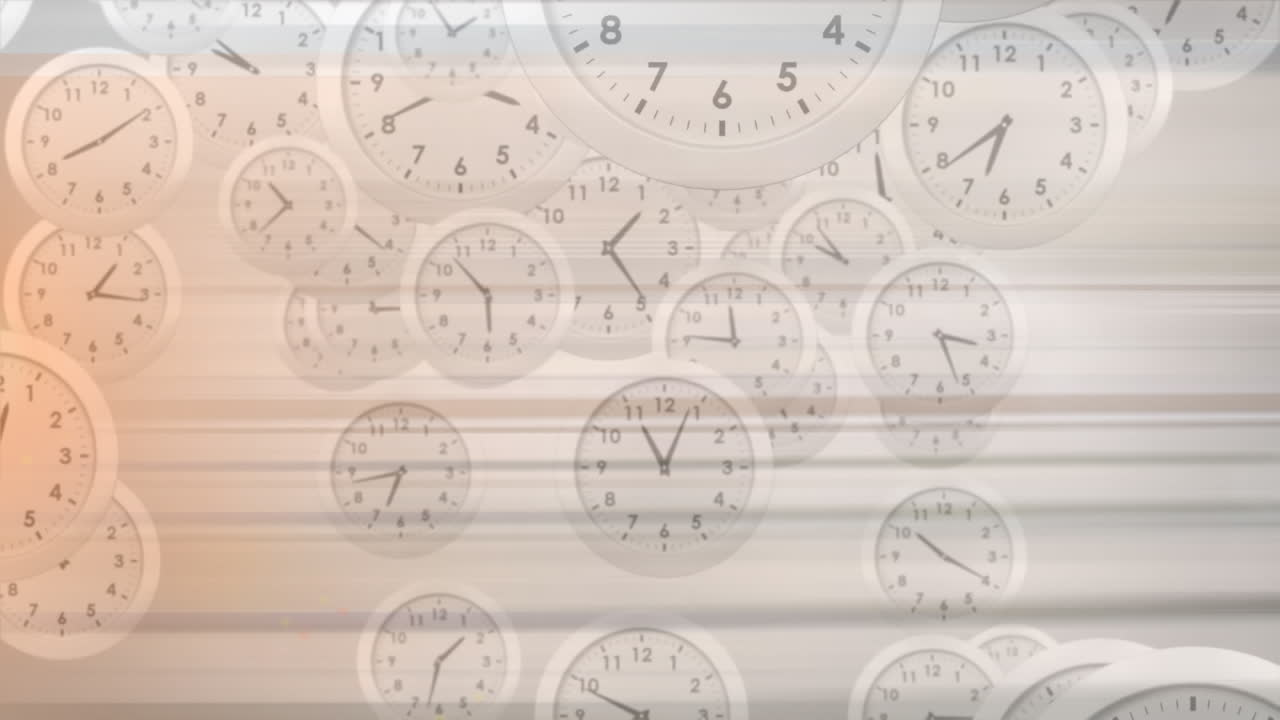 Animazione di diversi orologi in movimento su strisce su sfondo bianco.