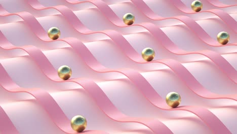 bucle 3d de bolas doradas rodando a lo largo de líneas rosadas onduladas