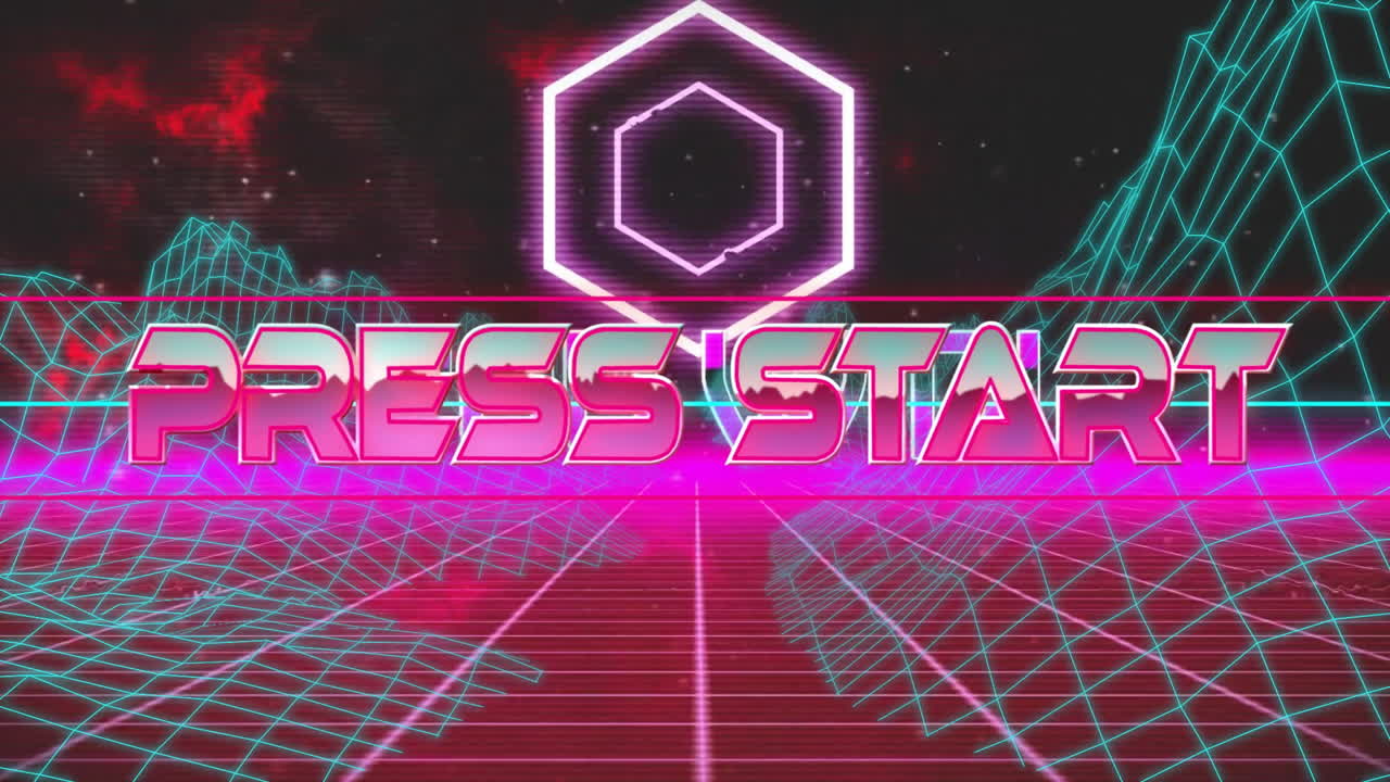 Press Start text animation over neon grid and geometric shapes