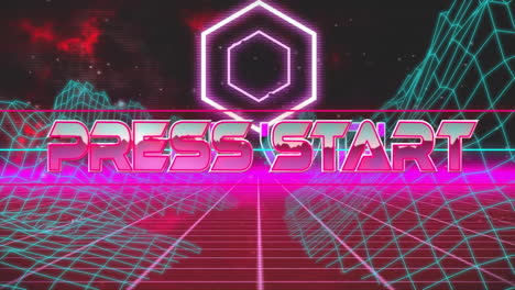 press start text animation over neon grid and geometric shapes