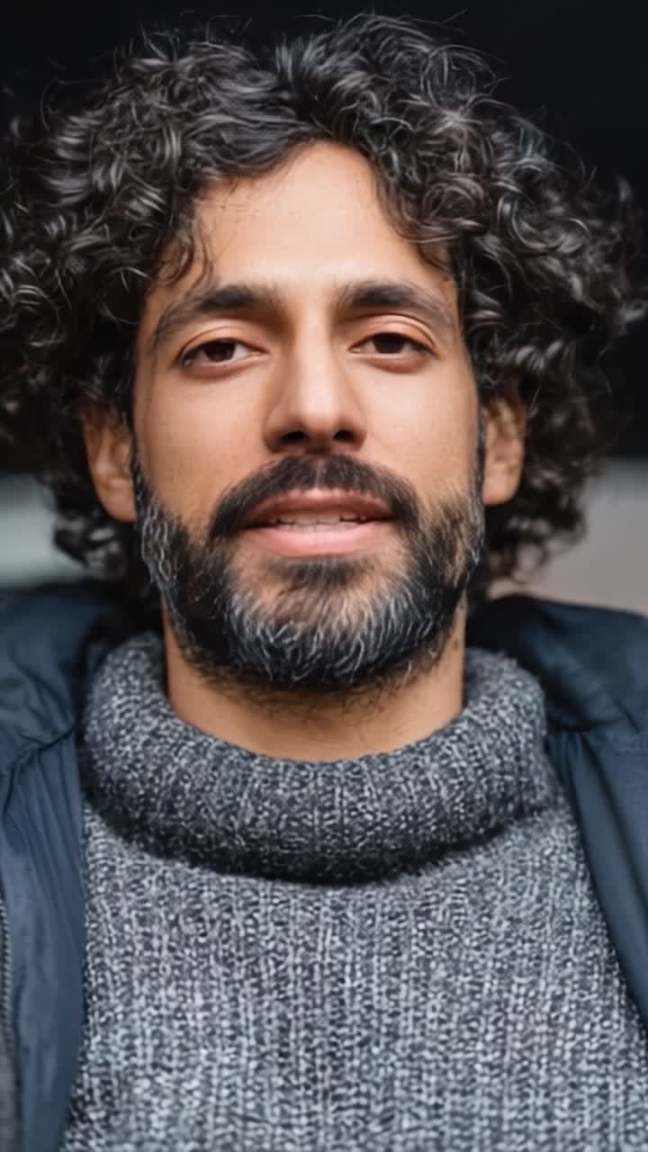 Un Momento Sereno di Contemplazione: Catturando l'Essenza di Tranquillità e Pace in un Uomo con Capelli Ricci e un Maglione Comodo.