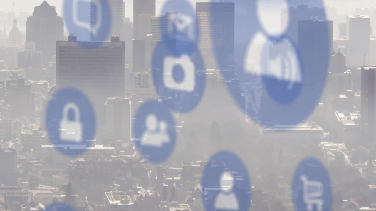 도시 풍경 위의 아이콘의 애니메이션