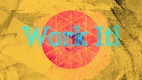 animation of work it text in blue neon and circle cut out in dirty yellow paper, over fire