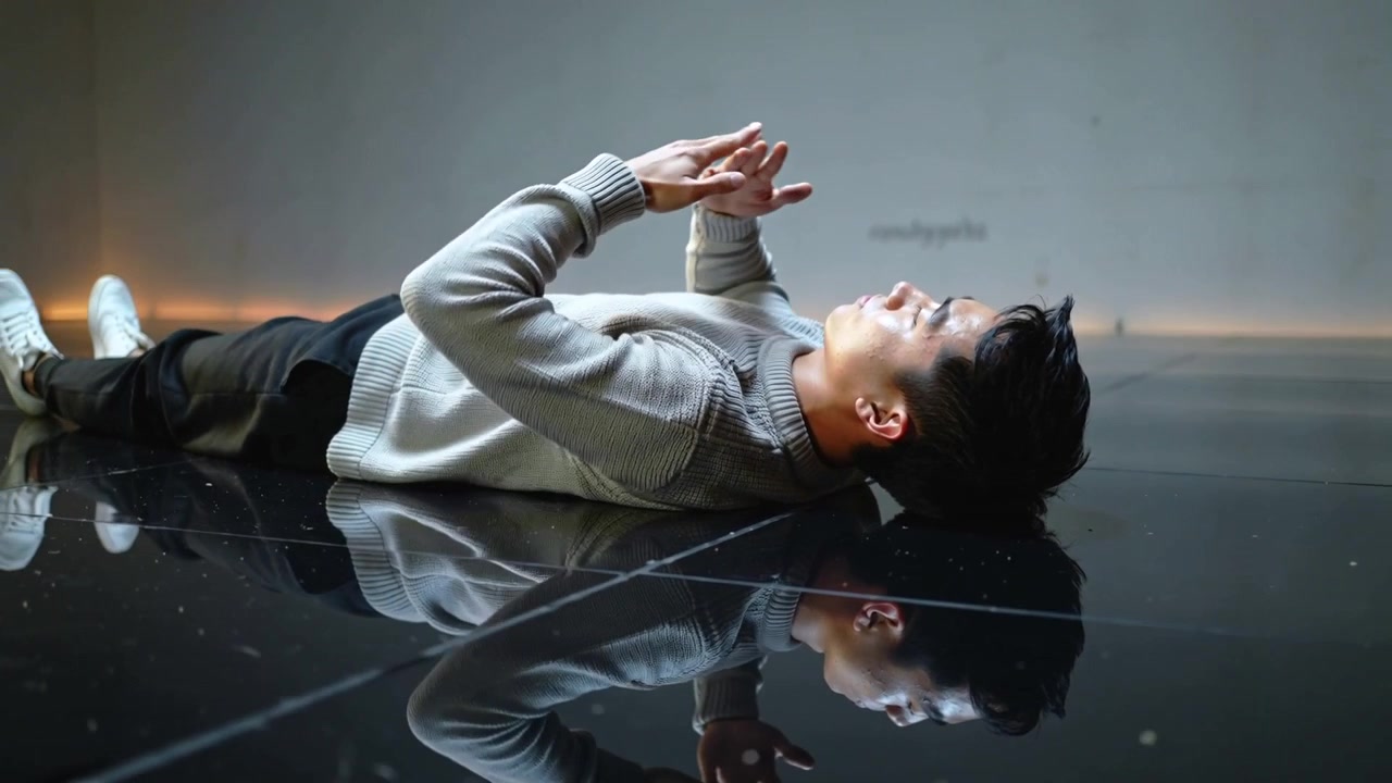 Lying man in grey sweater starting movement, lifting hands tracing on mirror studio floor