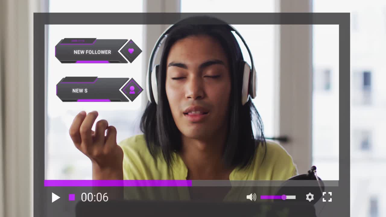 Animation of screen with digital interface over biracial woman on makeup vlog