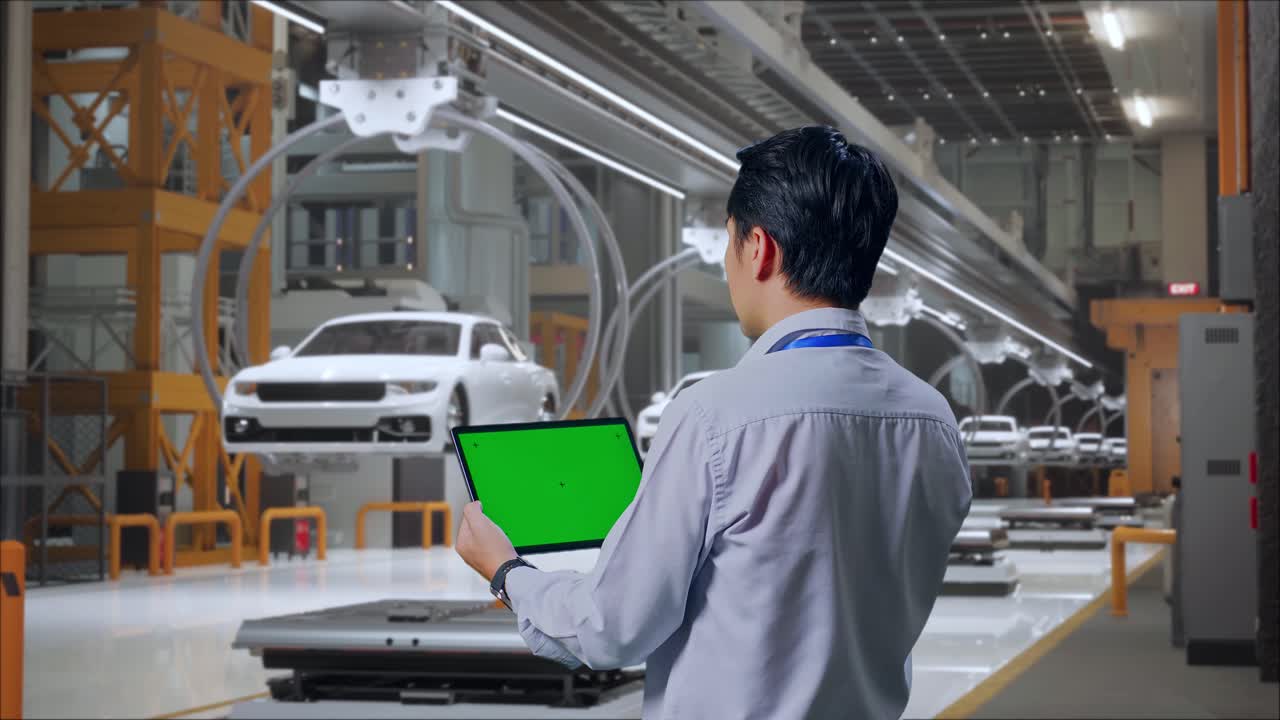 아시아 남성 직업 노동자가 ev 자동차 공장, 하이테크 산업 시설에 서서 녹색 화면으로 태블릿을 확인하고 공장을 한 번 보십시오.