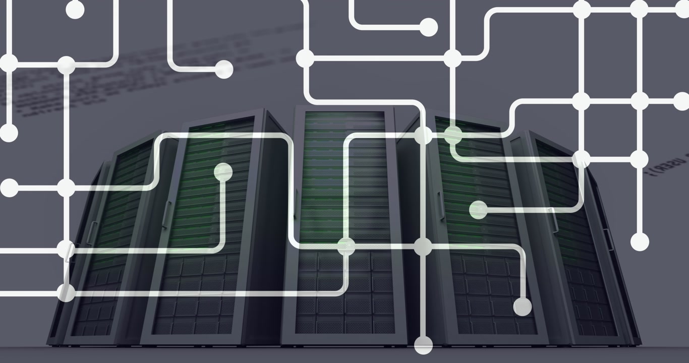 Animation of network of connections and data processing over server room