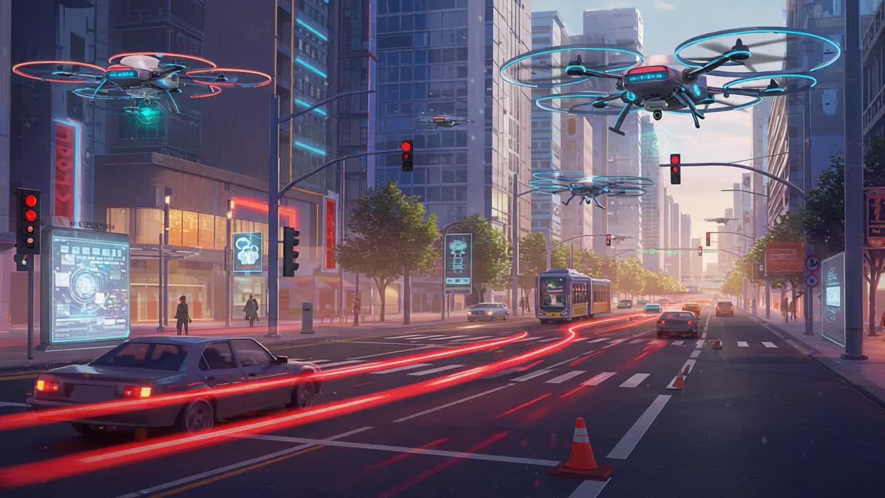 Futuristic Urban Landscape Featuring Drones in a Busy City Traffic Scene Captured at Dawn with a Blend of Modern Technology and Everyday Life