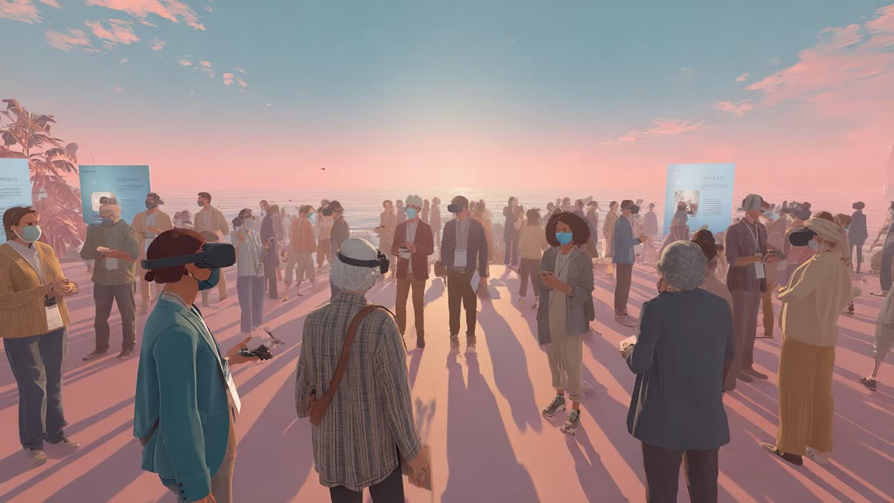 A Vibrant Virtual Reality Gathering at Sunset, Featuring a Diverse Group of Attendees Engaged in Conversations and Interactions While Wearing VR Headsets, Set Against a Beautiful Horizon