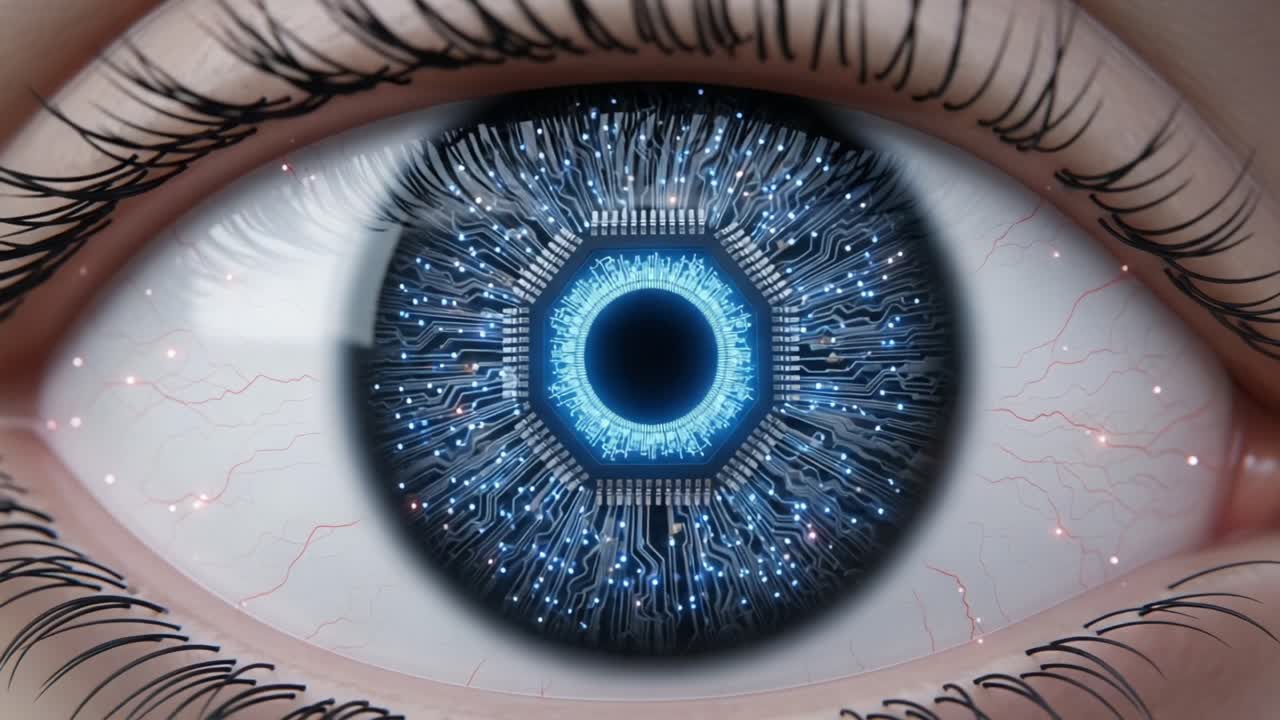 A Futuristic Vision: The Merging of Human and Machine Through an Eye Embedded with Complex Circuitry and Digital Elements, Symbolizing Technological Innovation and Human Advancement
