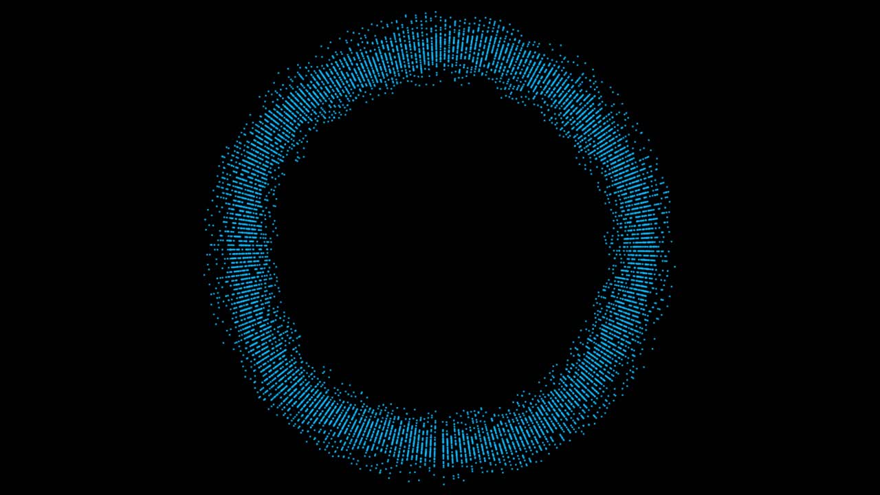 A ring of blue bars and particles animates like a radial audio visualizer with glitch effects. Seamless loop for music, technology, or data concepts. Isolated on black with copy space