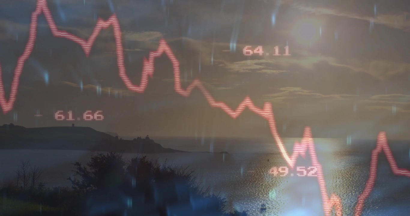Apertura al tramonto, grafico a linee rosse che si anima con strisce blu ascendenti e discendenti che visualizzano dati.