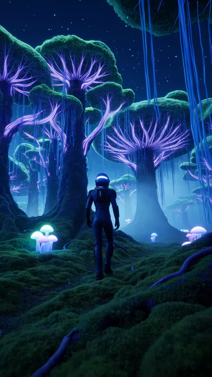 Esploratore in una foresta aliena bioluminescente