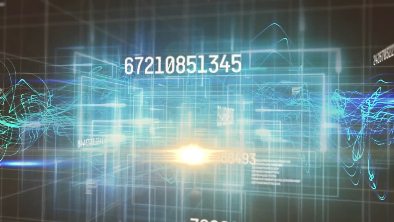 Animation of illuminated wires and 3d maze with changing numbers on abstract background