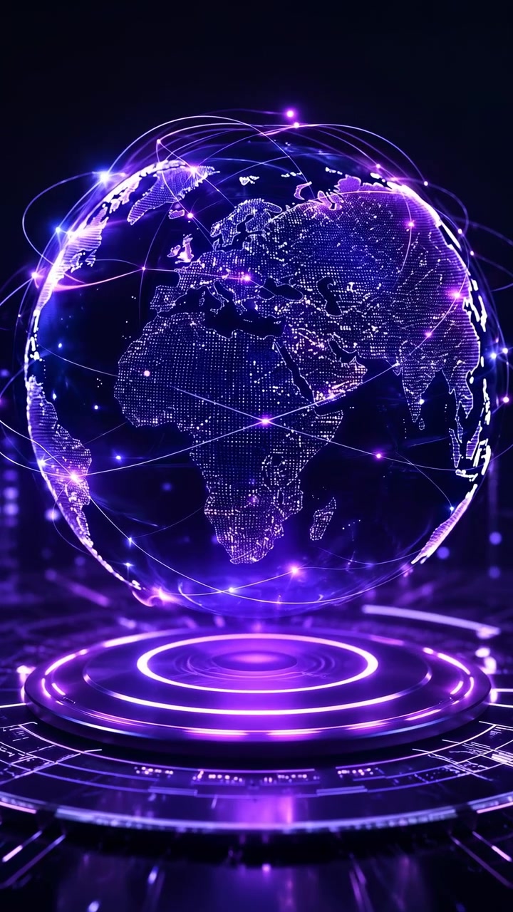 Illuminated world sphere turns slowly as dotted continental details shift across view, surrounded by violet connection paths and bright nodes above concentric glowing rings.