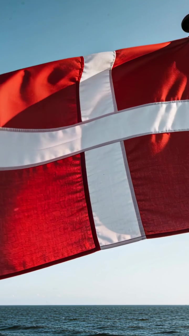 Vertikal video: Vajende Dannebrog med hvidt kors i let brise over roligt hav, flagstang.