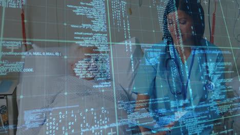 animation of data processing over female doctor with senior patient