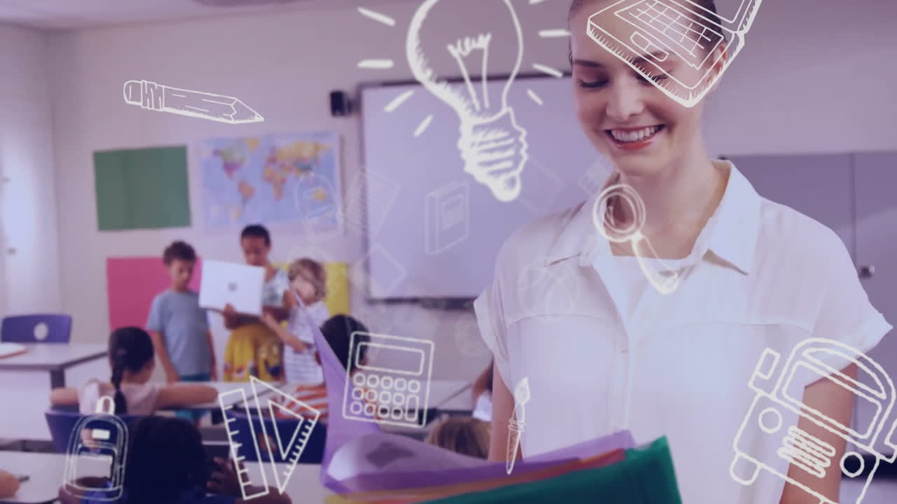 animación de iconos escolares sobre diversos escolares y maestras en el aula