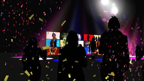 animation of multi coloured confetti falling over people dancing
