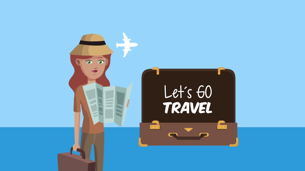 가방에 여행 글자와 여성 관광객을 가자