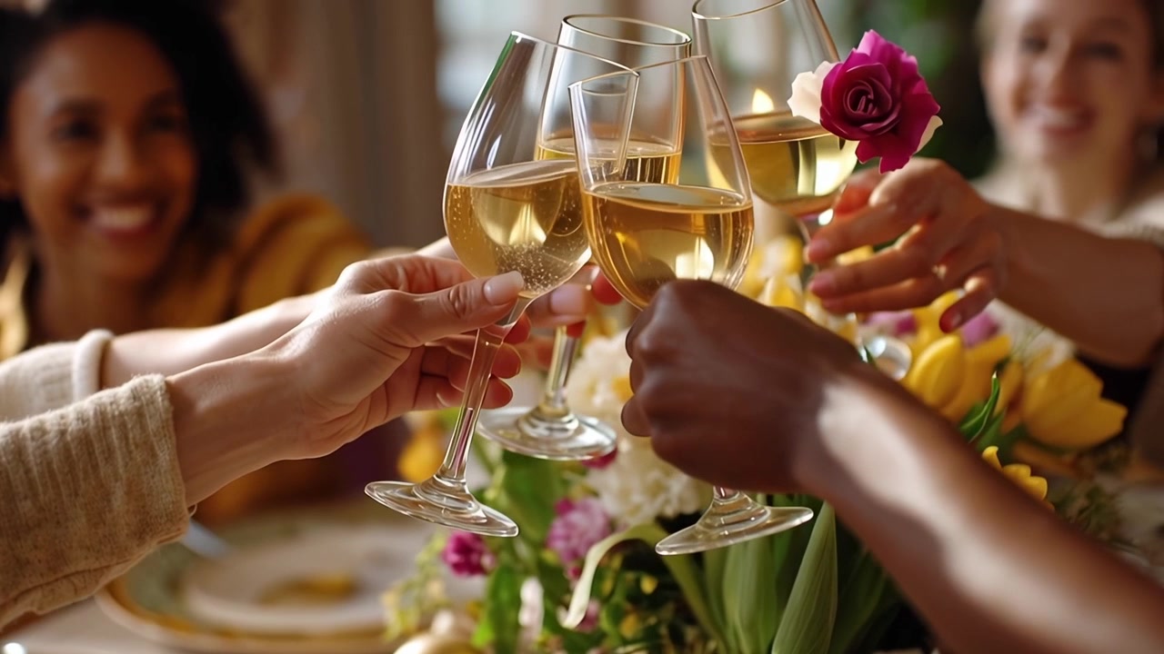 Friends Toasting with Wine Glasses at a Festive Dinner Party